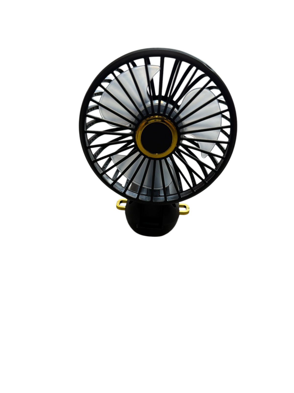 TP BEAUTY SUPPLY PTY LTD portable handheld desk fan in black with gold accents on a concrete surface
