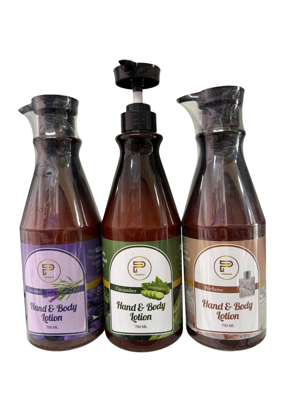 TP BEAUTY SUPPLY PTY LTD PREMAX 750ml hand and body lotion pump bottles in Lavender, Cucumber, and Perfume scents.