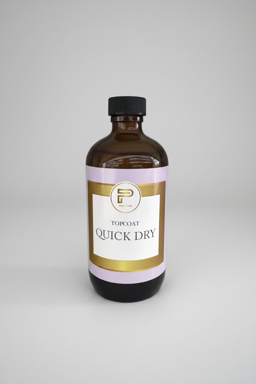 TP BEAUTY SUPPLY PTY LTD premium quick dry nail polish topcoat in an amber glass bottle with a white and gold label.