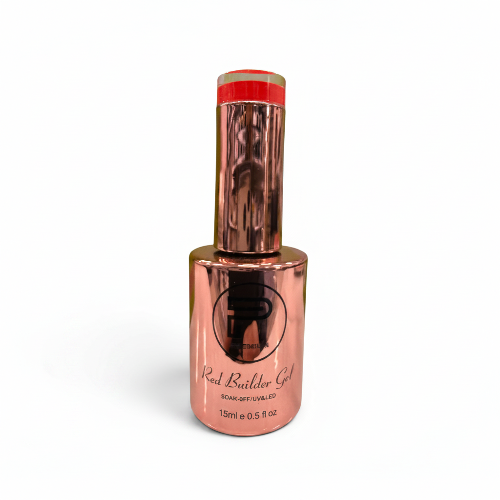 TP BEAUTY SUPPLY PTY LTD red soak-off builder gel in a 15ml metallic rose gold bottle for UV and LED nail curing.