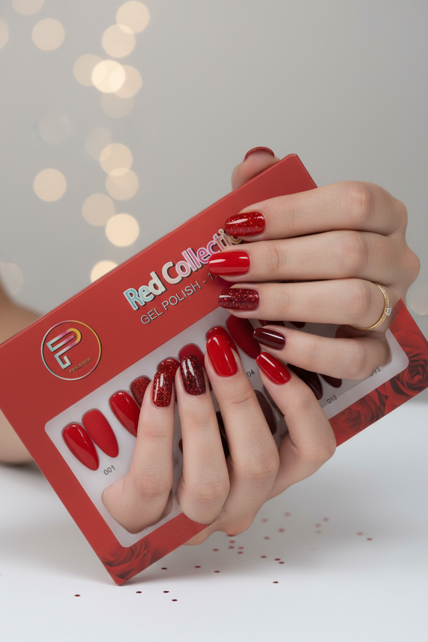 TP BEAUTY SUPPLY PTY LTD 12-piece red gel polish set with glossy and matte finishes and glitter shades on nail tips.