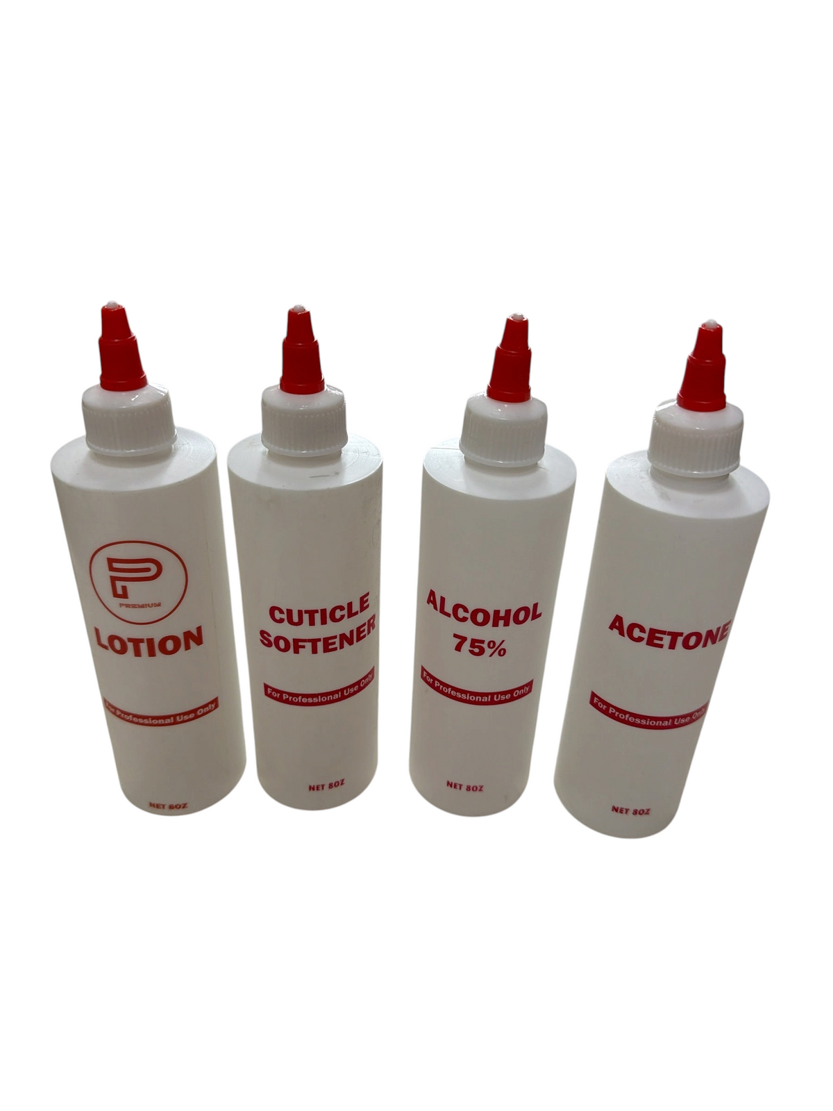 TP BEAUTY SUPPLY PTY LTD 8oz white plastic salon dispenser bottles with red precision-tip caps and bold labels.