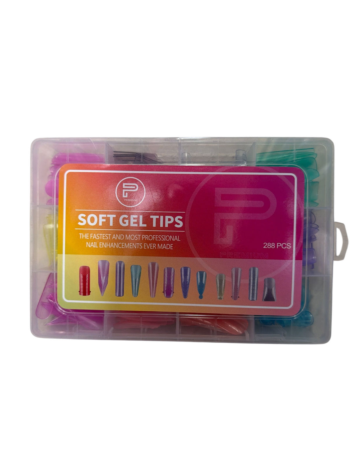 TP BEAUTY SUPPLY PTY LTD 288-piece soft gel nail extension tips set in a clear plastic storage organiser case.
