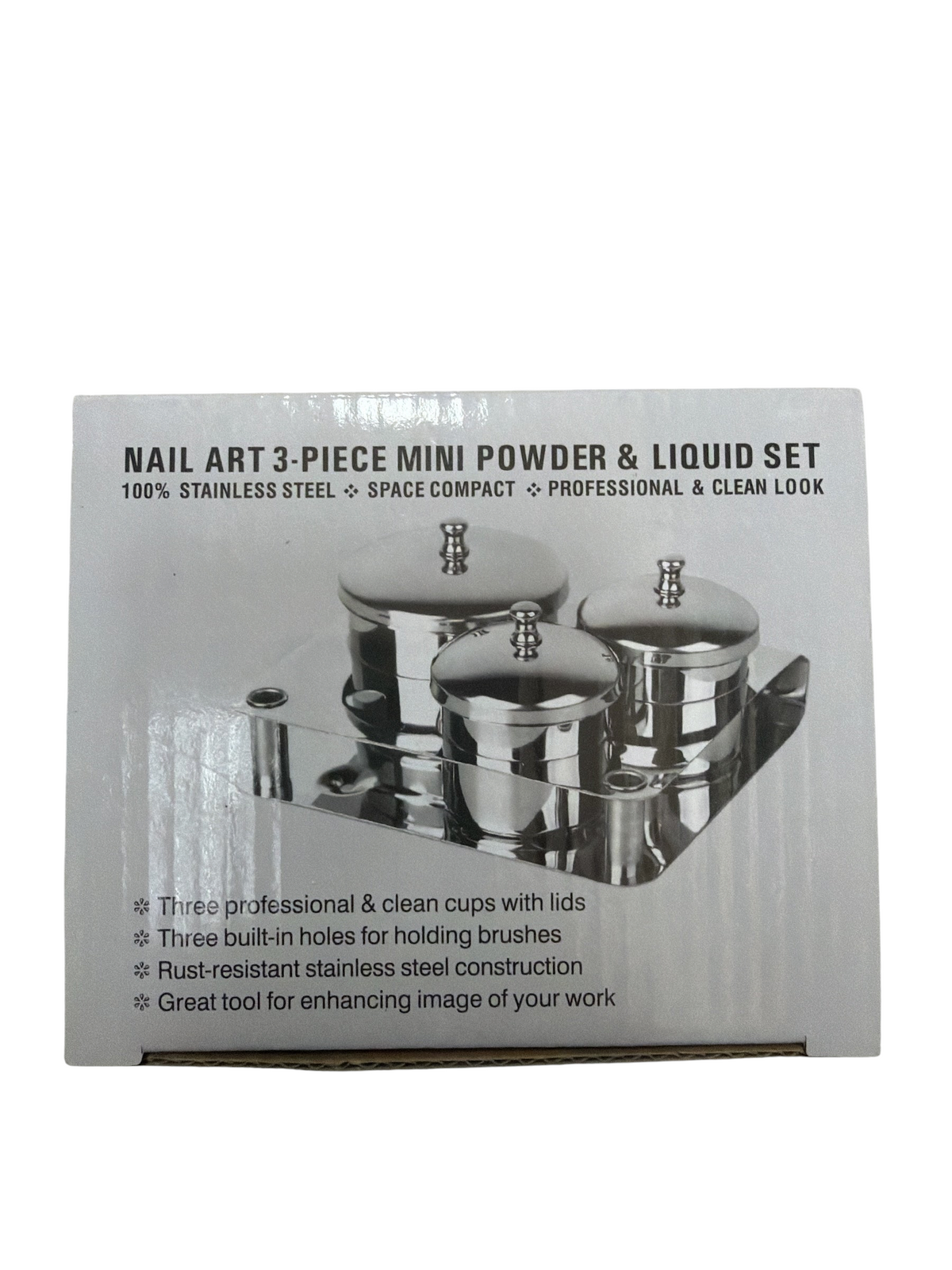 TP BEAUTY SUPPLY PTY LTD 3-piece stainless steel nail art powder and liquid container set with lids and brush tray