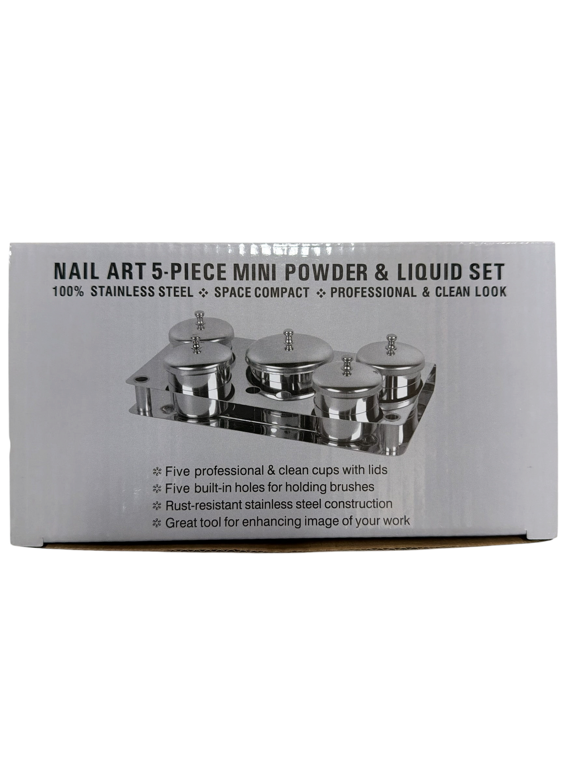 TP BEAUTY SUPPLY PTY LTD 5-piece stainless steel nail art powder and liquid cup set with lids and brush holder base.