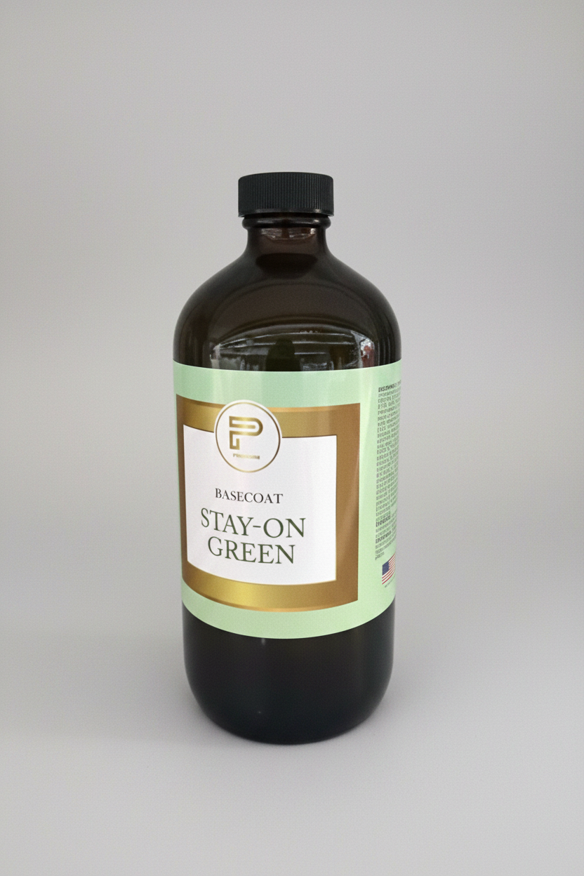 TP BEAUTY SUPPLY PTY LTD Stay-On Green basecoat in a dark amber protective bottle for professional nail applications.