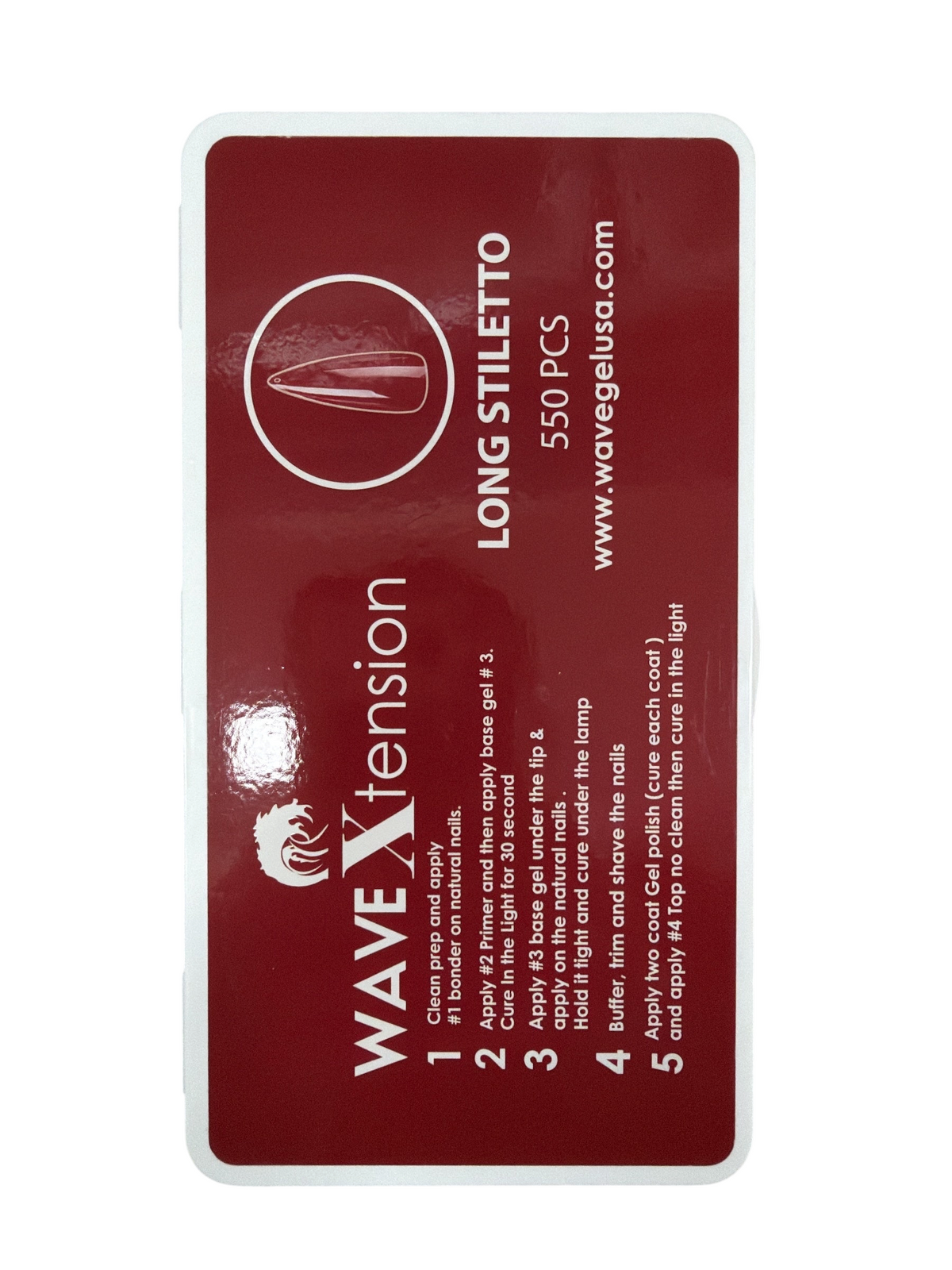 TP BEAUTY SUPPLY PTY LTD WaveXtension long stiletto nail tip box with application instructions in maroon and white