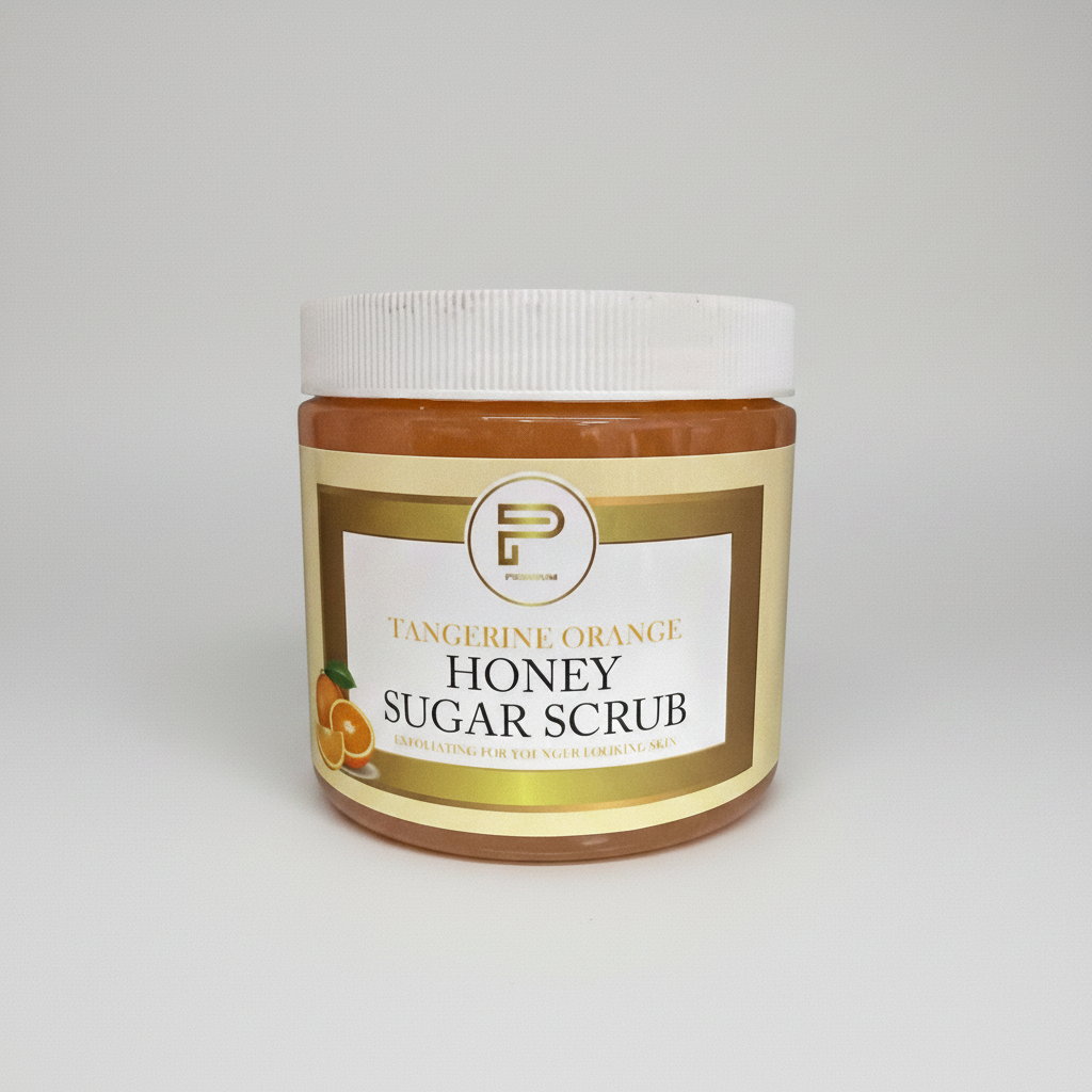 TP BEAUTY SUPPLY PTY LTD tangerine orange honey sugar exfoliating body scrub in a clear jar with a white lid.