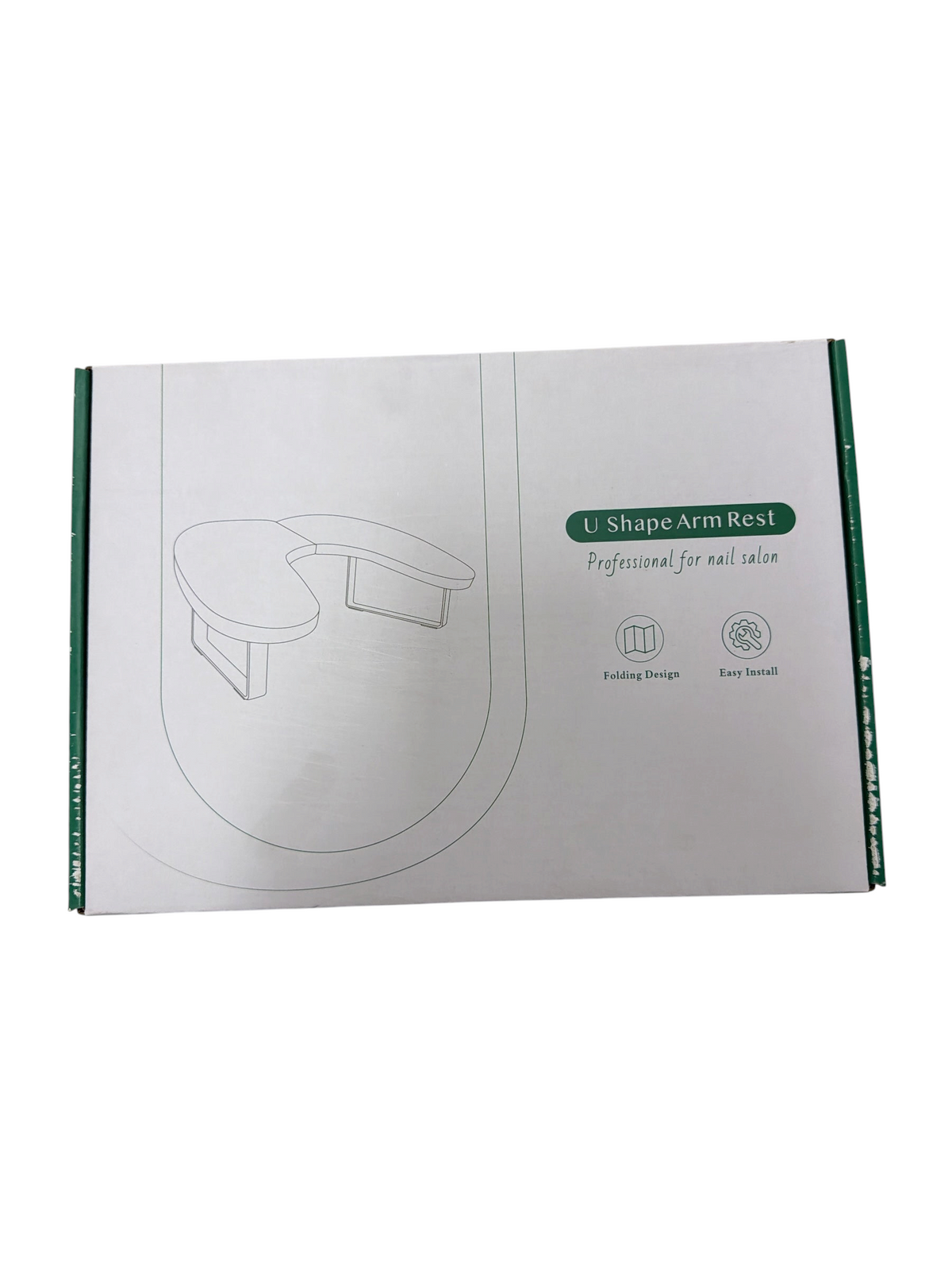 TP BEAUTY SUPPLY PTY LTD U-shape nail salon arm rest in white retail packaging with folding design features.