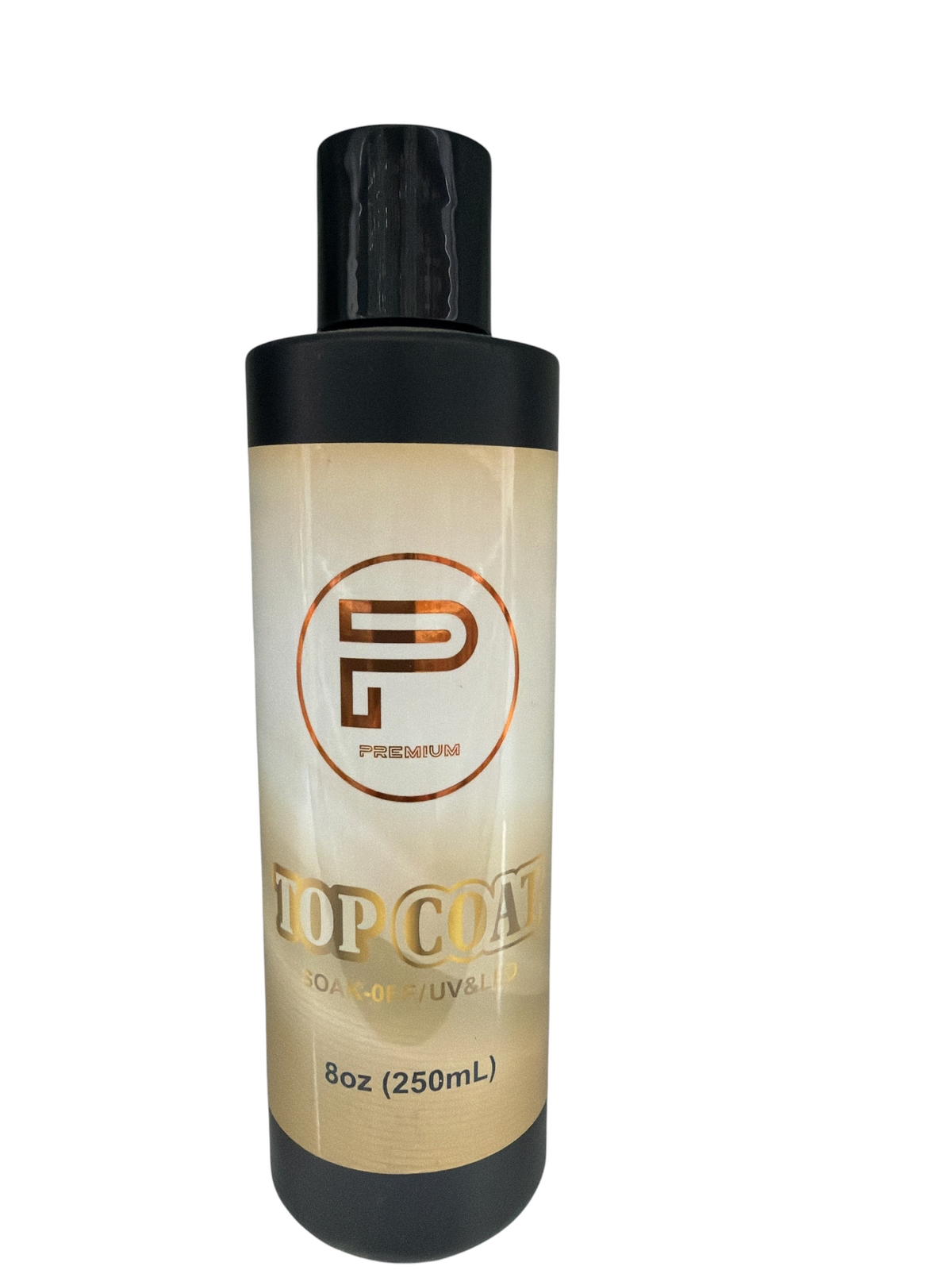 TP BEAUTY SUPPLY PTY LTD premium soak-off UV and LED nail top coat in a 250mL bottle with a glossy finish.
