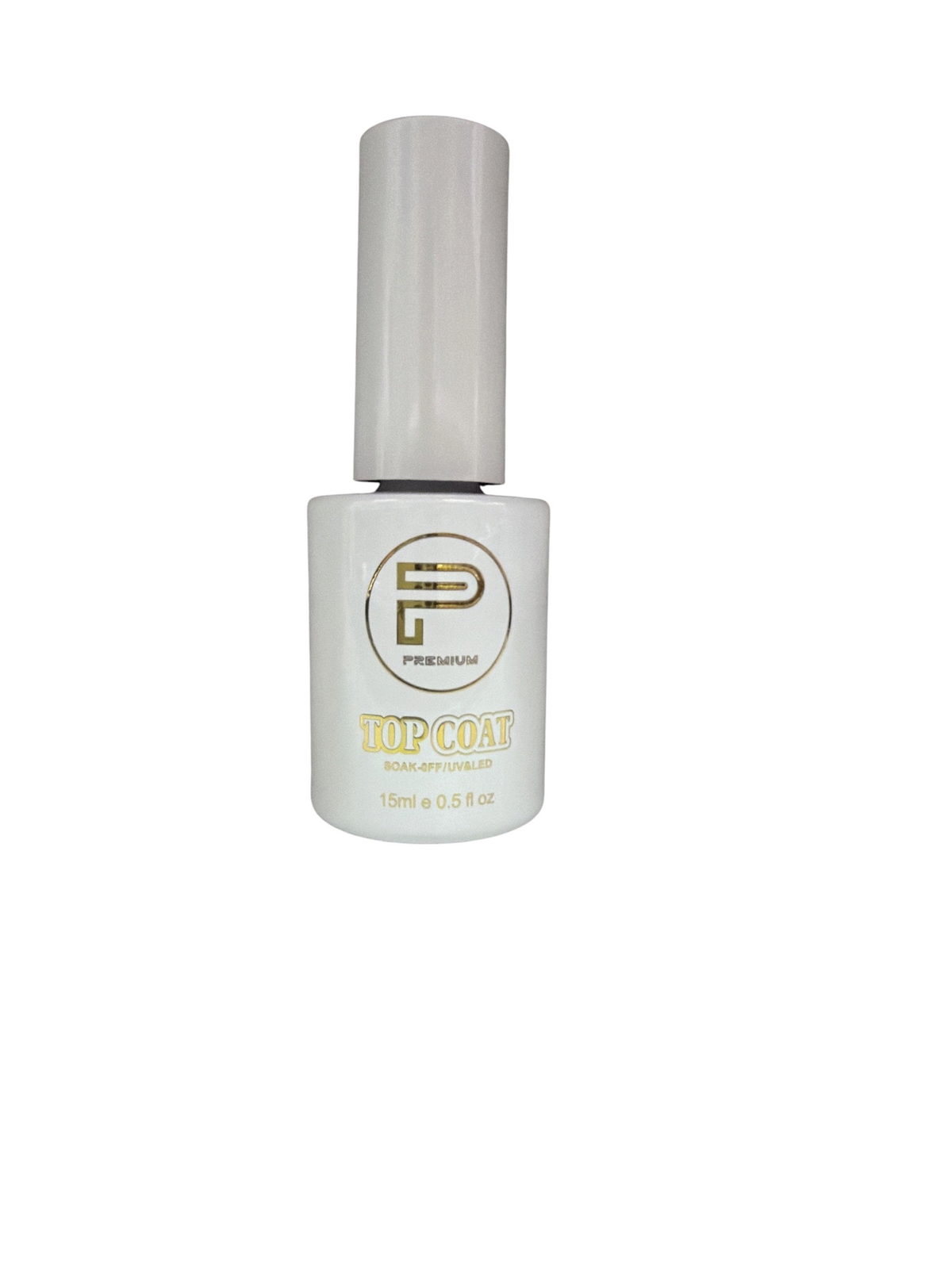 TP BEAUTY SUPPLY PTY LTD premium soak-off UV LED nail top coat in a 15ml white bottle with gold branding.