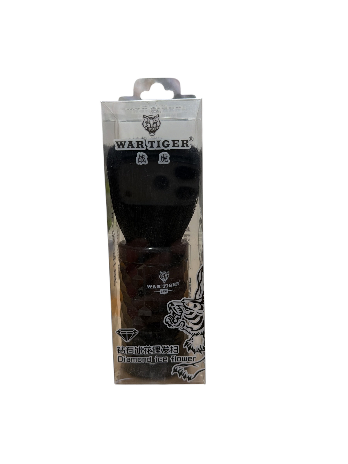 TP BEAUTY SUPPLY PTY LTD WAR TIGER Diamond Ice Flower shaving brush with black synthetic bristles in retail packaging