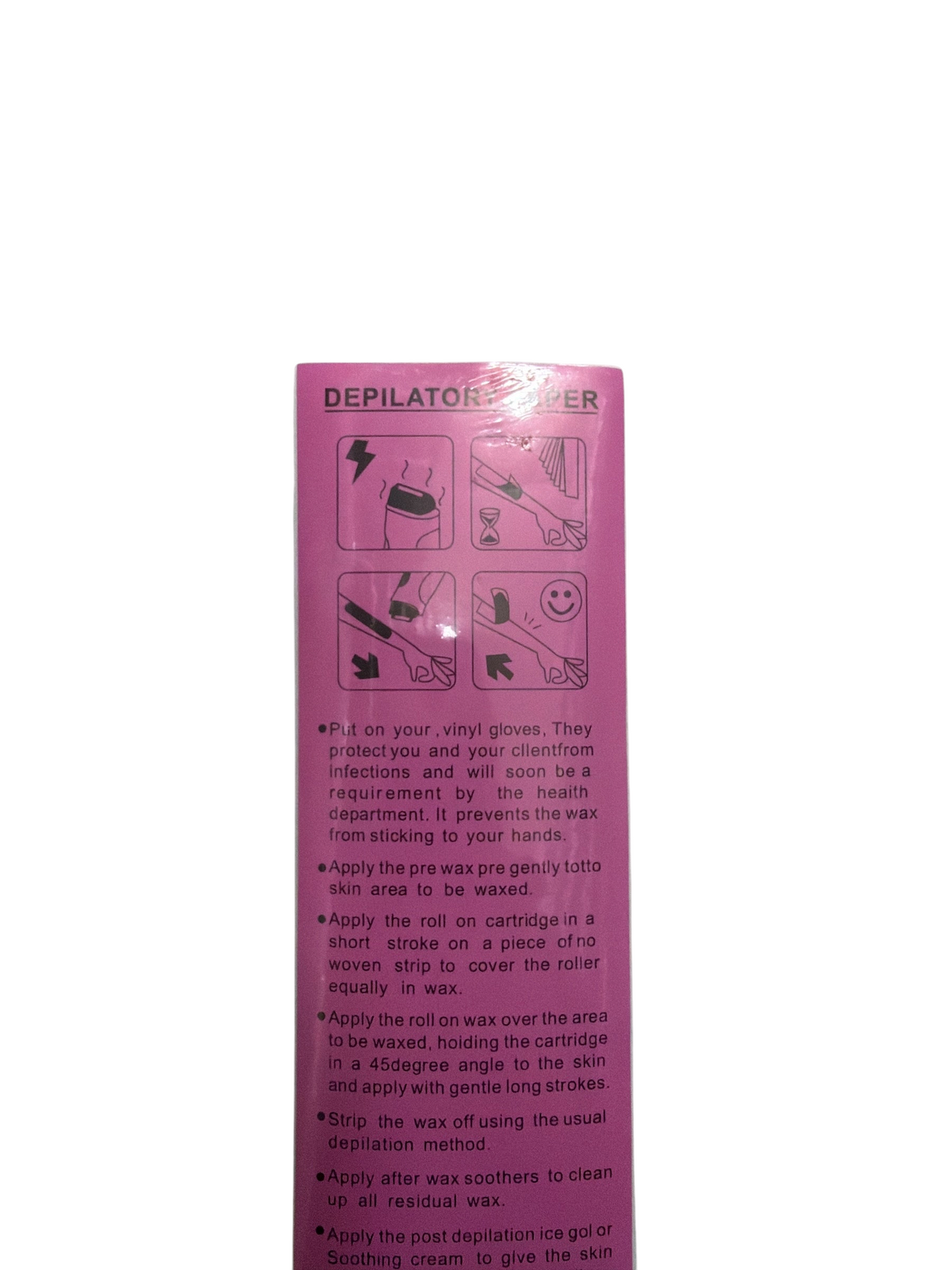 TP BEAUTY SUPPLY PTY LTD depilatory wax roll-on cartridge packaging with hair removal instructions and diagrams
