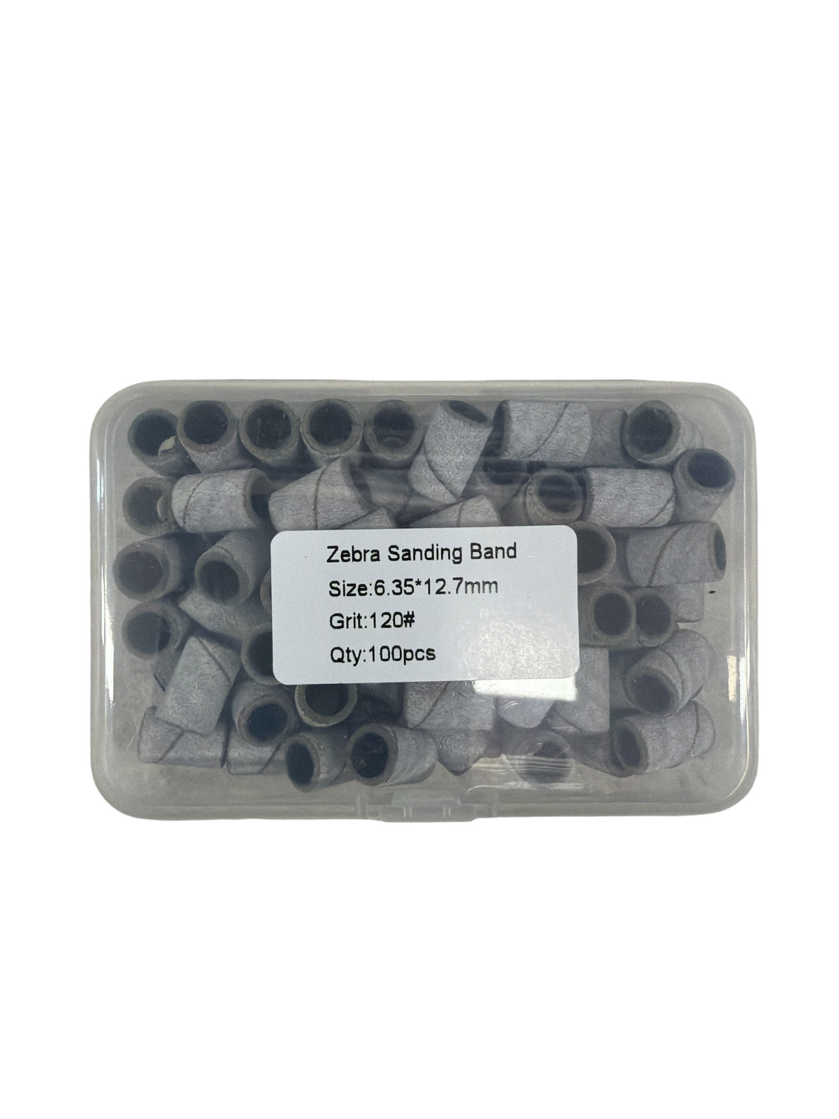 TP BEAUTY SUPPLY PTY LTD 120-grit zebra nail sanding bands in a clear storage case for professional manicures.