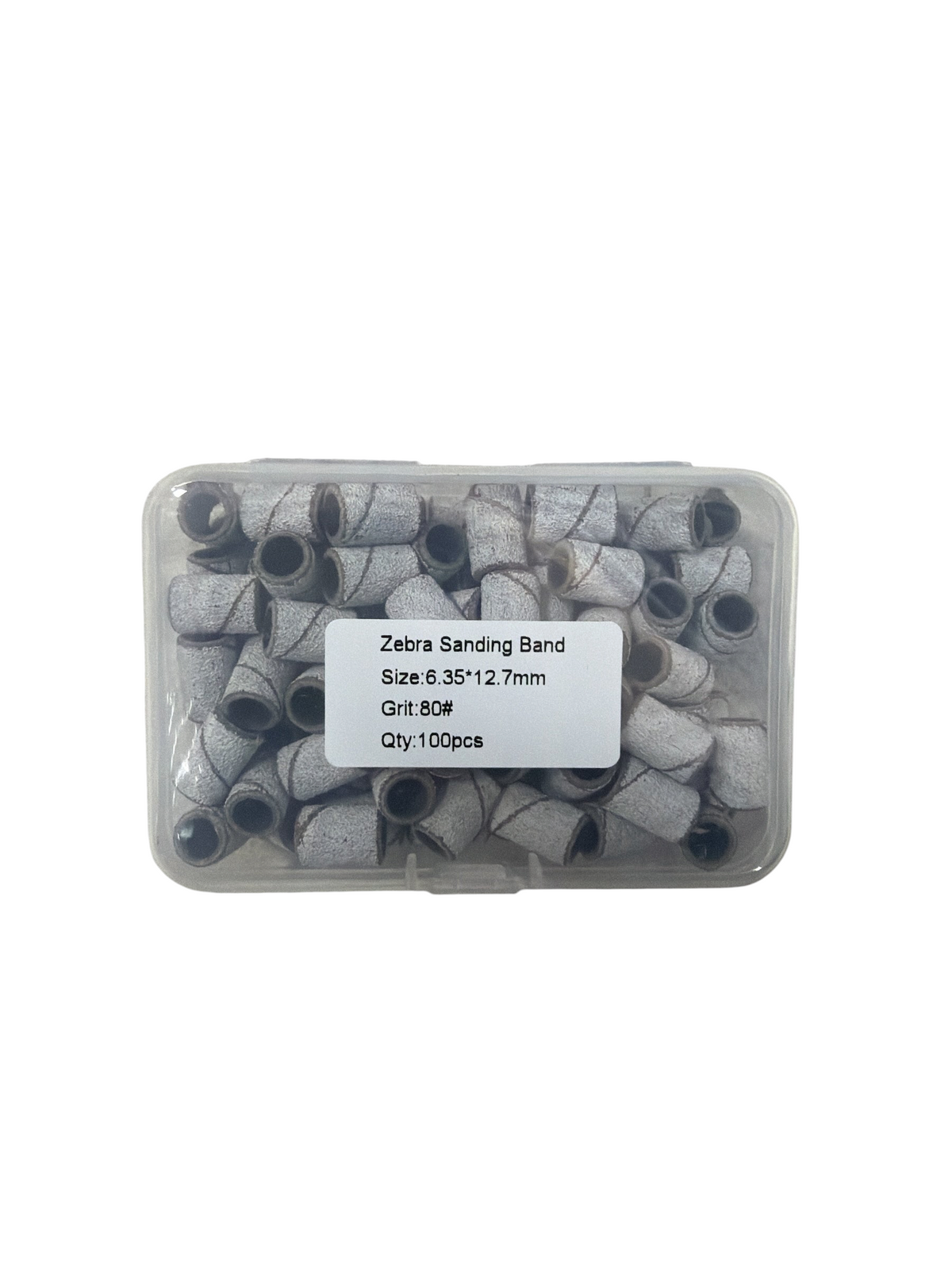 TP BEAUTY SUPPLY PTY LTD 100 pack of 80-grit zebra nail sanding bands in a clear plastic storage case.