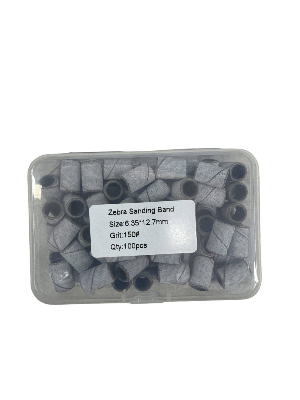 TP BEAUTY SUPPLY PTY LTD 150 grit zebra sanding bands for electric nail drills in a clear storage case.